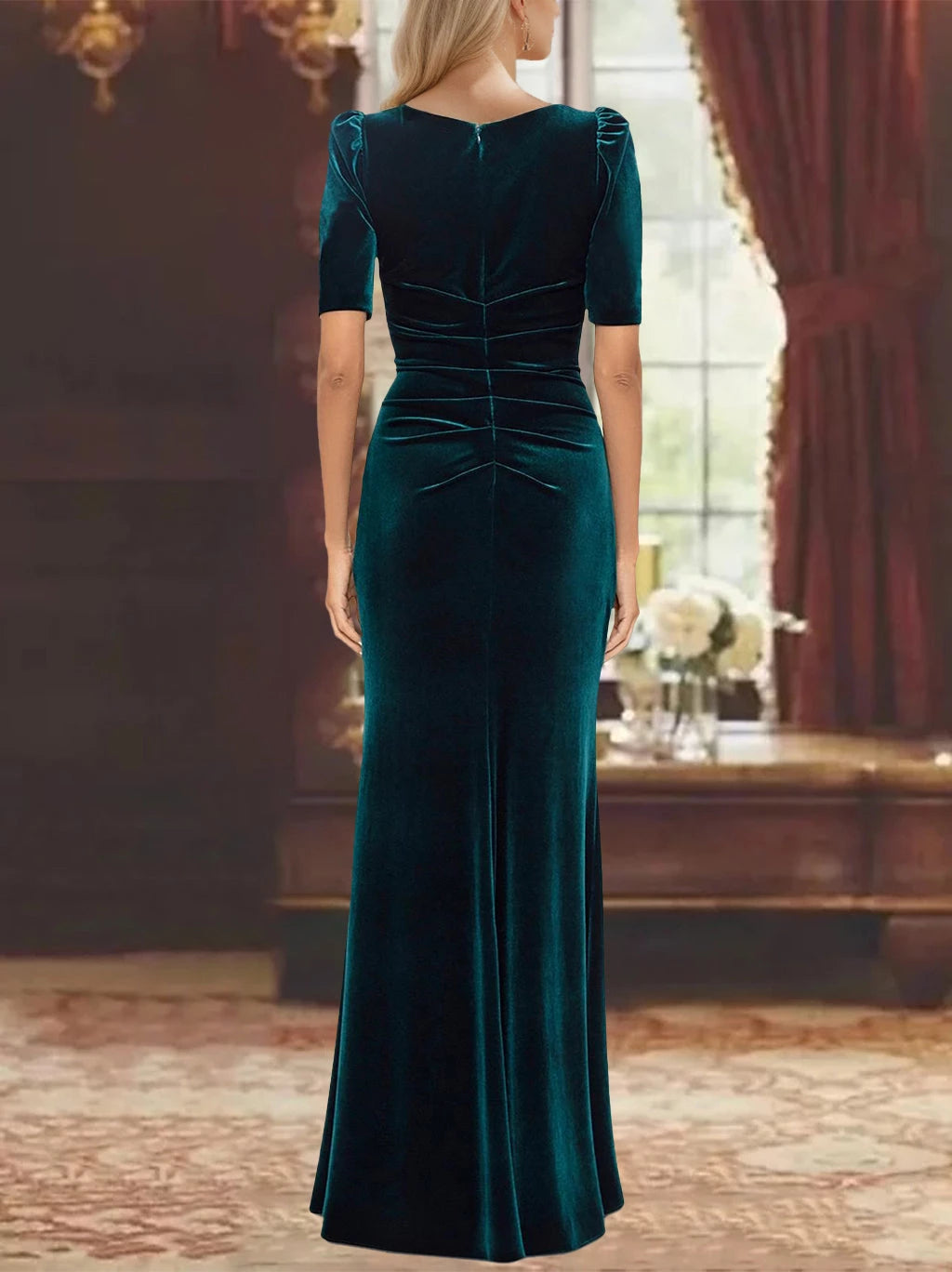 Unique Velvet A-Line Scoop Half Sleeves Ankle-Length with Ruffles Mother of the Bride Dresses