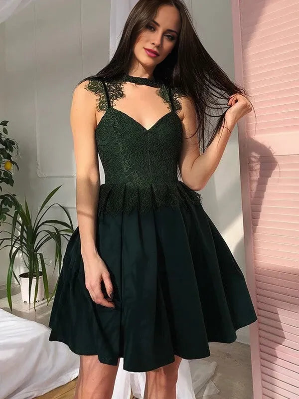 V-Neck Appliques Satin Mini Homecoming Dresses