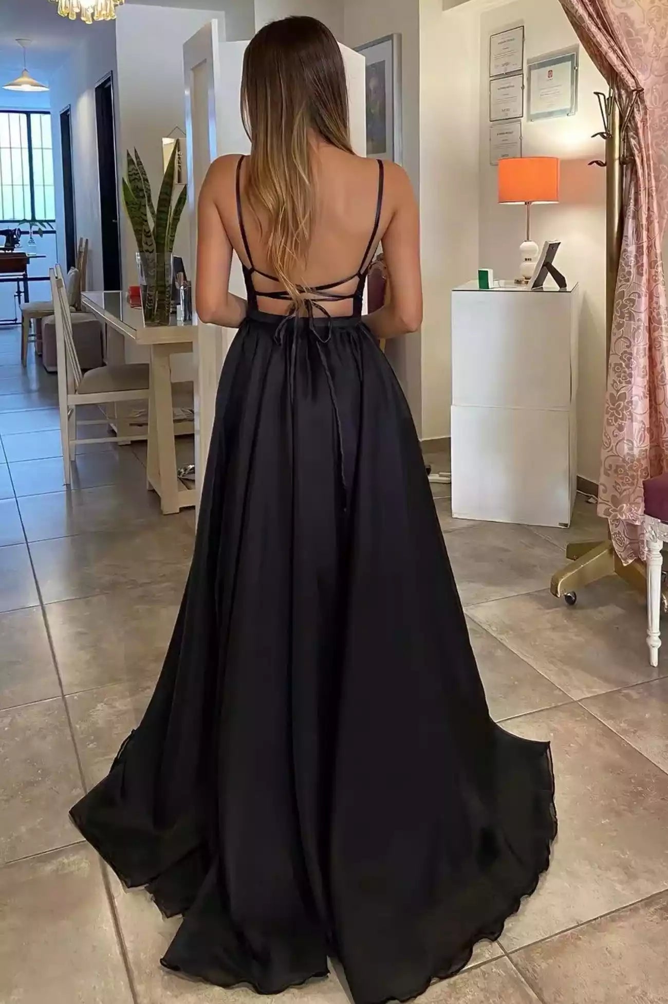 V-Neck Backless Black Chiffon Beaded Long Prom Dress Evening Party Dress