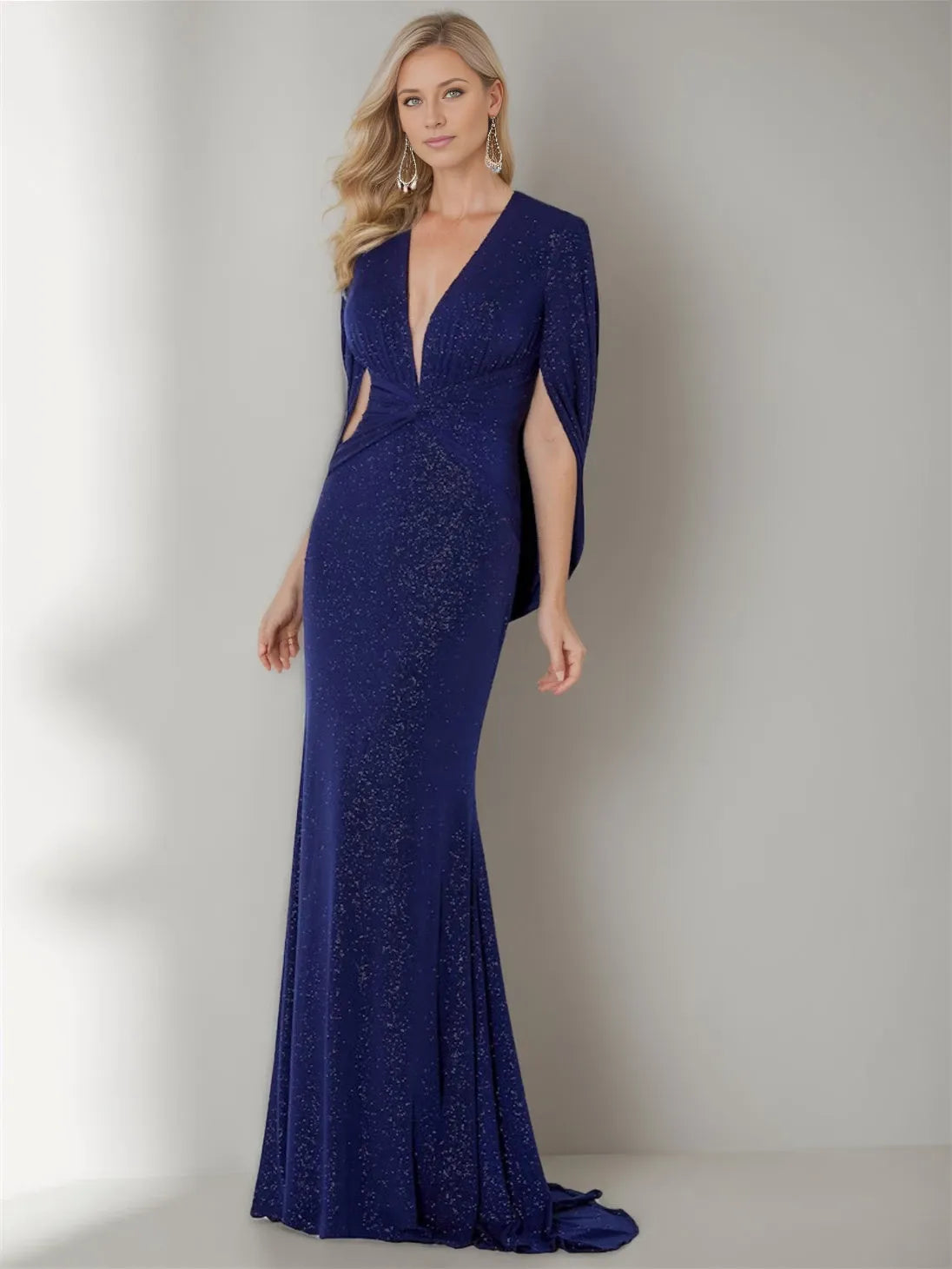 V-Neck Column Three-Quarter Sleeve Floor-Length With Ruffles Evening Dresses