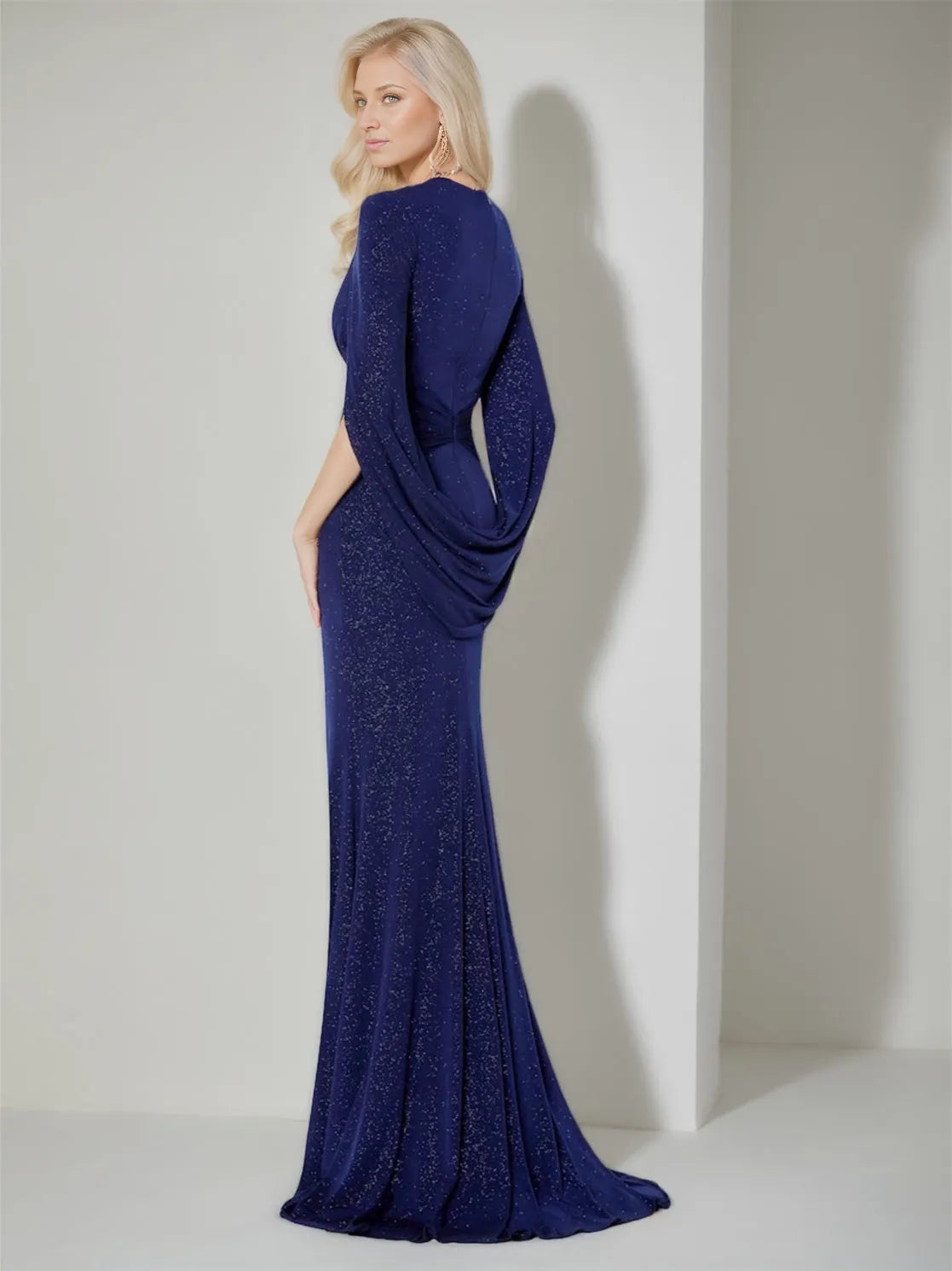 V-Neck Column Three-Quarter Sleeve Floor-Length With Ruffles Evening Dresses