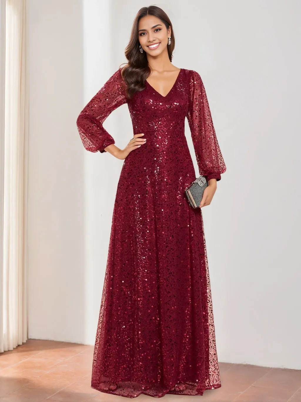 V-Neck Long Princess Lantern Sleeves Floor Length Sequined Evening Dresses