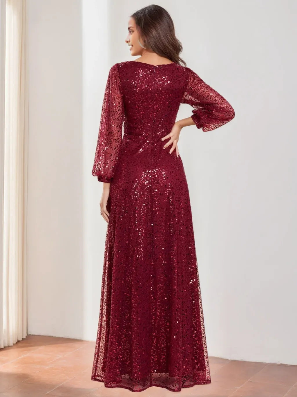 V-Neck Long Princess Lantern Sleeves Floor Length Sequined Evening Dresses