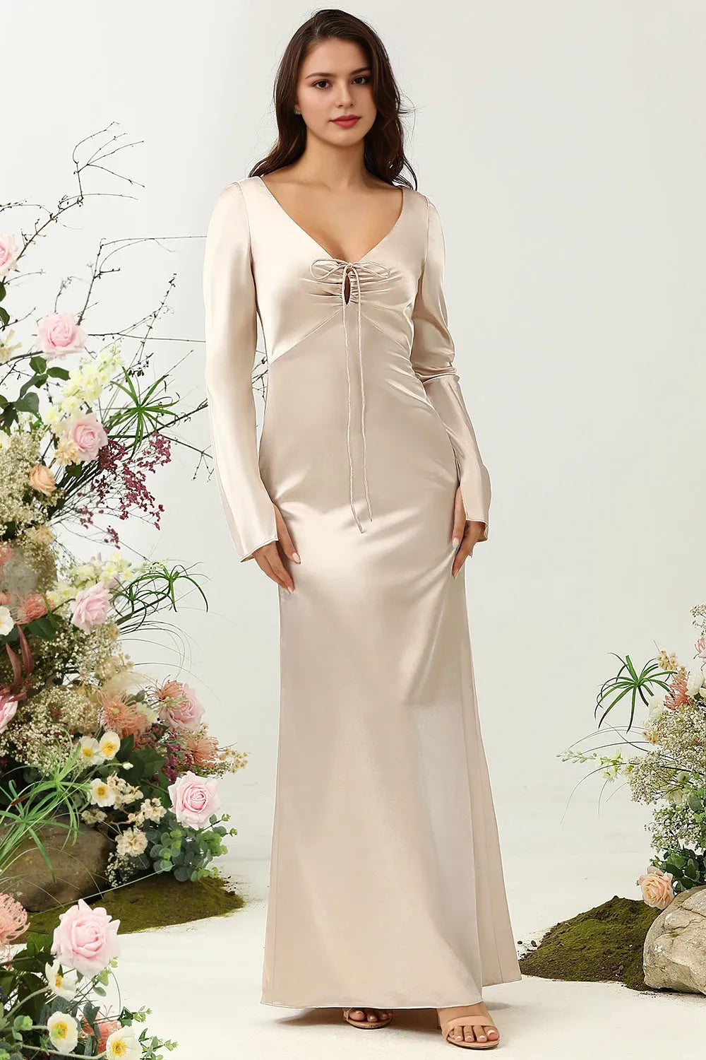 V-Neck Long Sleeves Sheath Vintage Off the shoulder Floor length Party Dress Hot Sale For Ladies
