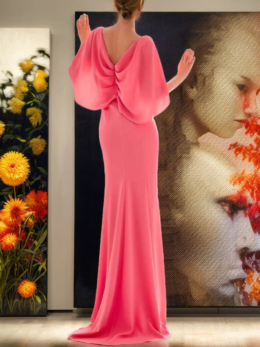 V-Neck Short Sleeves Column Long Prom Dresses with Ruffles