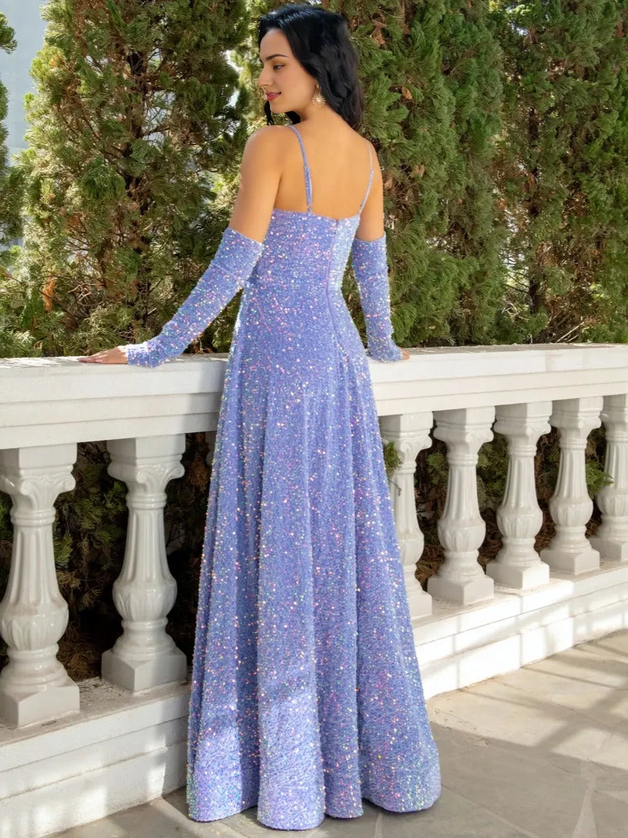 V-Neck Floor-Length Princess Spaghetti Straps Plunge Pleated Evening Dresses with Detachable Sleeves