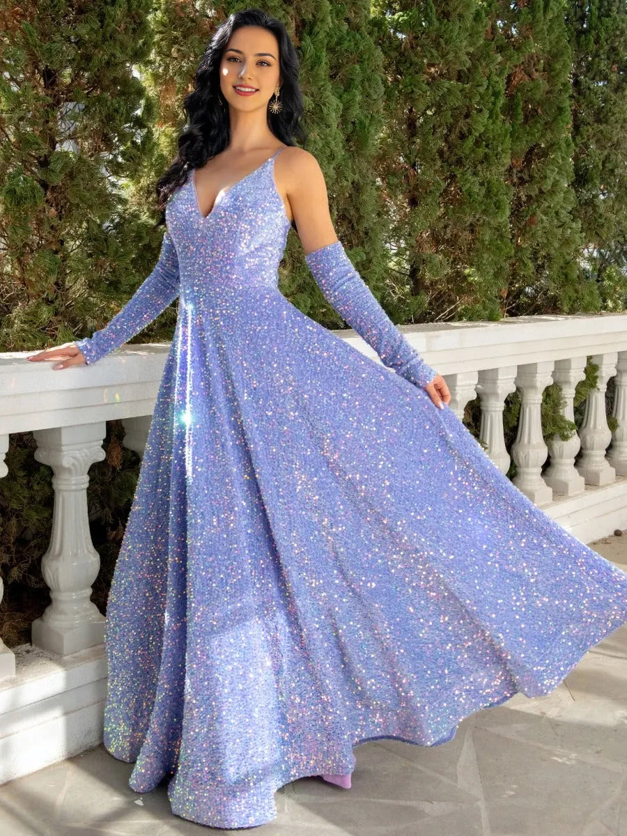 V-Neck Floor-Length Princess Spaghetti Straps Plunge Pleated Evening Dresses with Detachable Sleeves