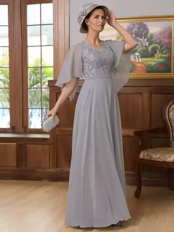 V-neck 1/2 Sleeves Floor-Length A-Line Chiffon Applique Mother of the Bride Dresses