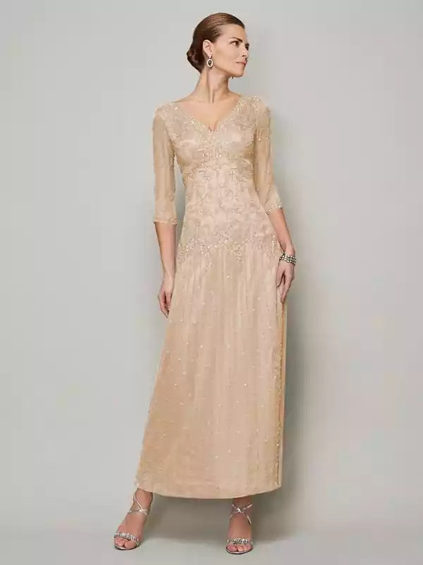 V-neck 1/2 Sleeves Sheath 30D Chiffon Ankle-Length champagne With Beading Mother of the Bride Dresses