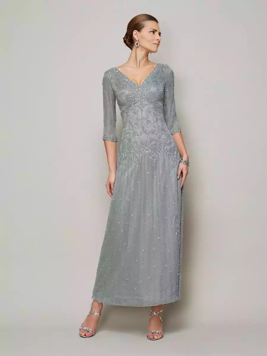 V-neck 1/2 Sleeves Sheath 30D Chiffon Ankle-Length With Beading Mother of the Bride Dresses