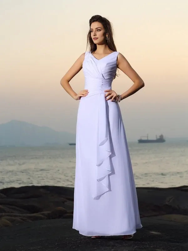 V-neck Chiffon Sleeveless Floor-Length With Beading Prom Dress