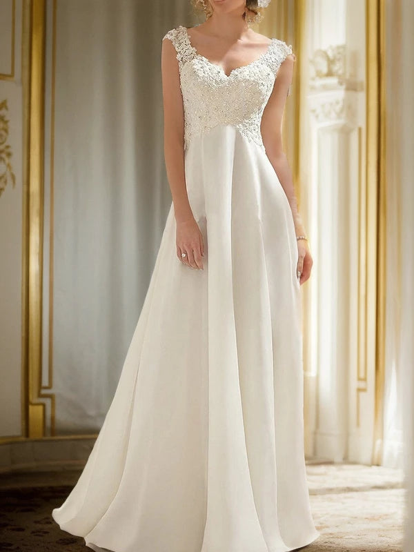 V-neck Lace Empire Sleeveless Sweet Train Chiffon Wedding Dresses