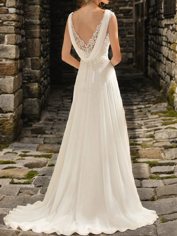 V-neck Lace Empire Sleeveless Sweet Train Chiffon Wedding Dresses