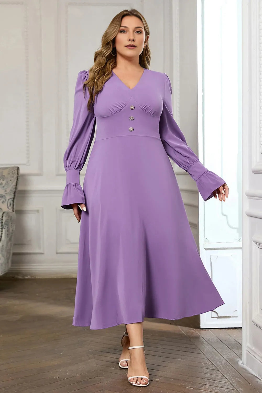 V-neck Long Sleeves A-Line Simple Plus Size Floor Length Prom Dress For Sale For Ladies