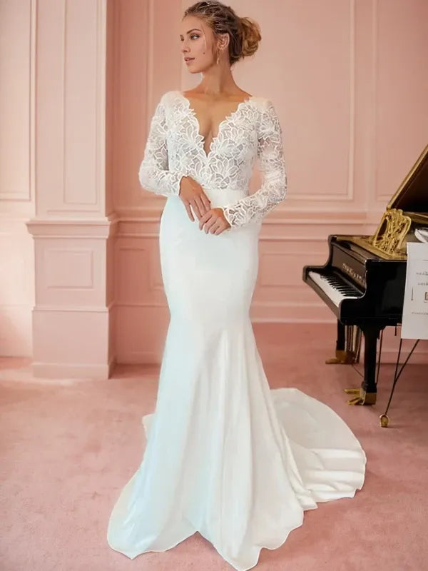 V-neck Long Sleeves Column Stretch Crepe Lace Court Train Wedding Dresses
