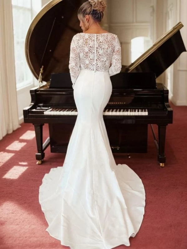 V-neck Long Sleeves Column Stretch Crepe Lace Court Train Wedding Dresses