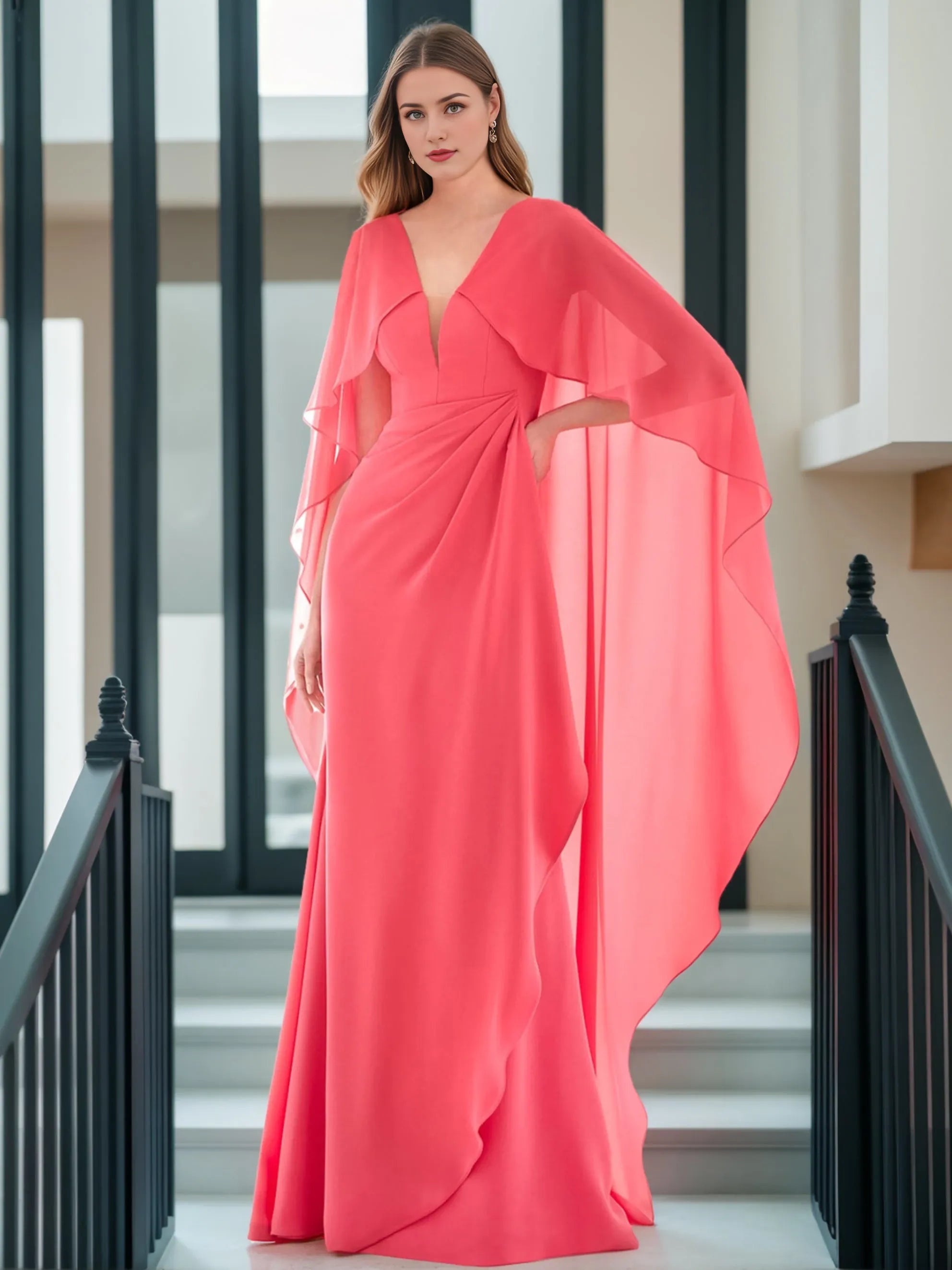 V-neck Long Sleeves Princess Floor-length Evening Dresses with Cape shape