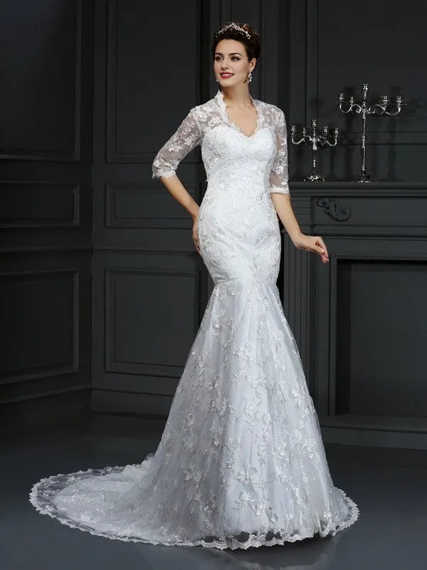 V-neck Mermaid Lace Short Sleeves Court Train With Lace Wedding Dresses
