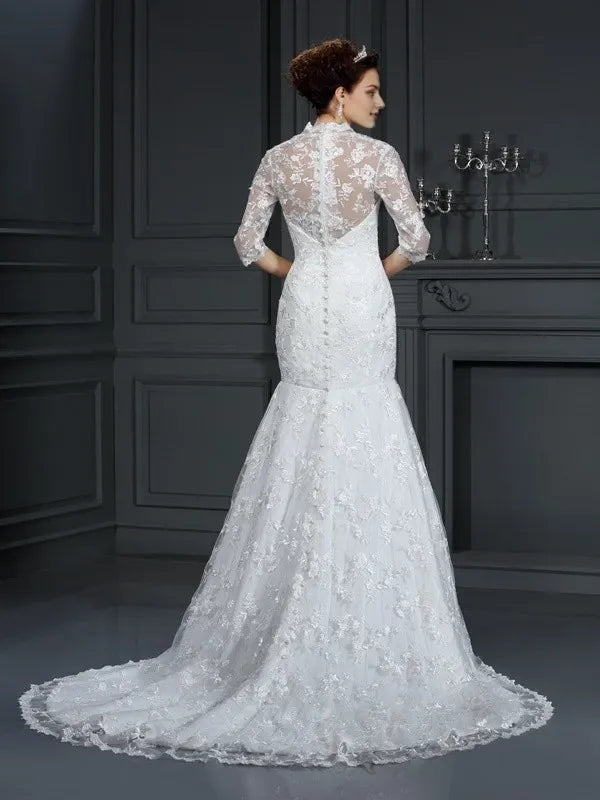 V-neck Mermaid Lace Short Sleeves Court Train With Lace Wedding Dresses