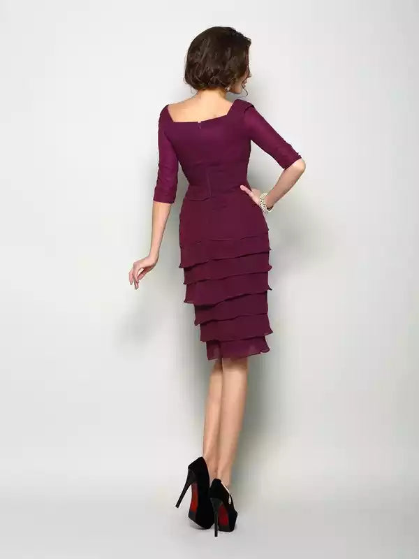 V-neck Sheath Chiffon 1/2 Sleeves Knee-Length With Layers Mother of the Bride Dresses