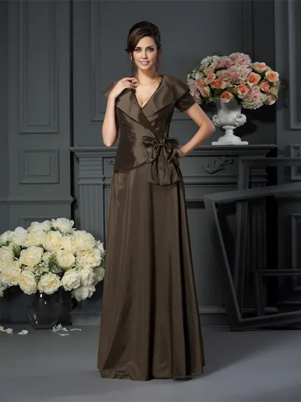 V-neck Short Sleeves A-Line Taffeta Floor-Length With Bowknot Mother of the Bride Dresses