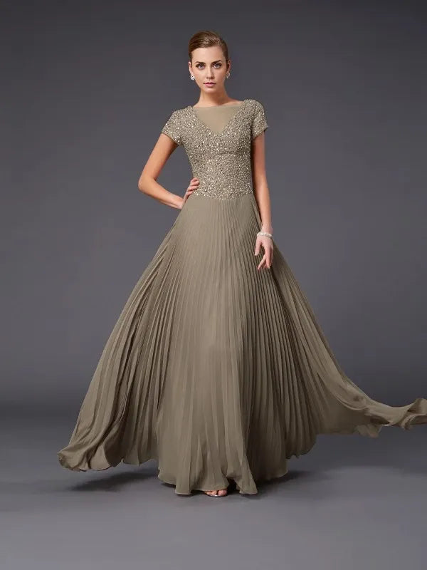 V-neck Short Sleeves Chiffon Floor-Length With Beading Mother of the Bride Dresse