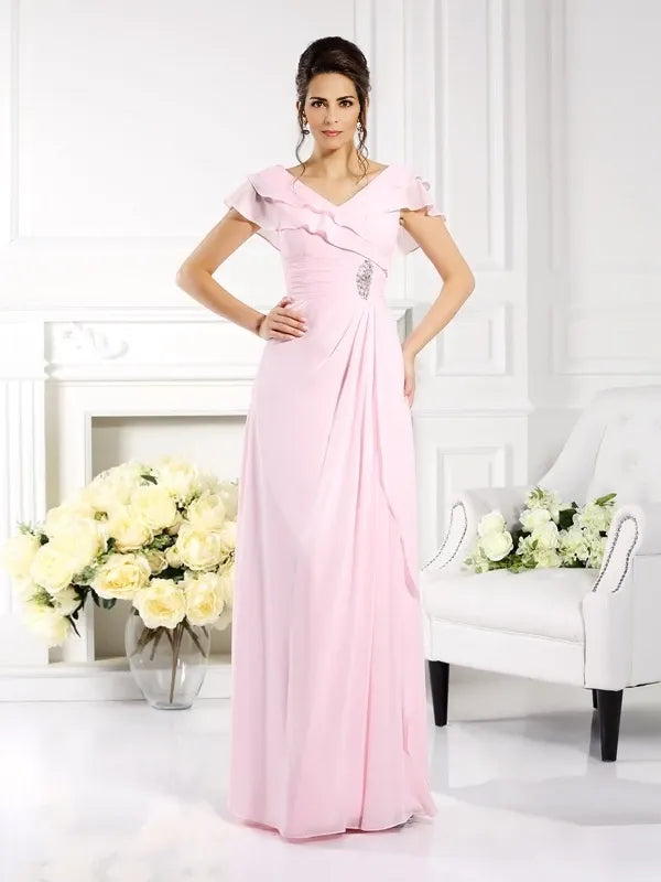 V-neck Short Sleeves Chiffon Floor-Length With Ruffles Mother of the Bride Dresses