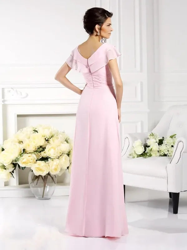 V-neck Short Sleeves Chiffon Floor-Length With Ruffles Mother of the Bride Dresses