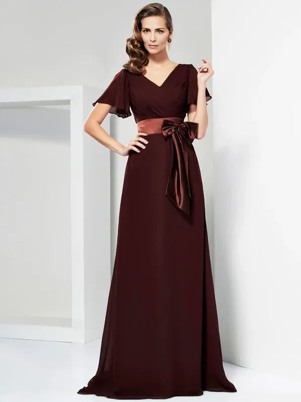 V-neck Short Sleeves Chiffon Sweep Train With Bowknot Mother of the Bride Dresses