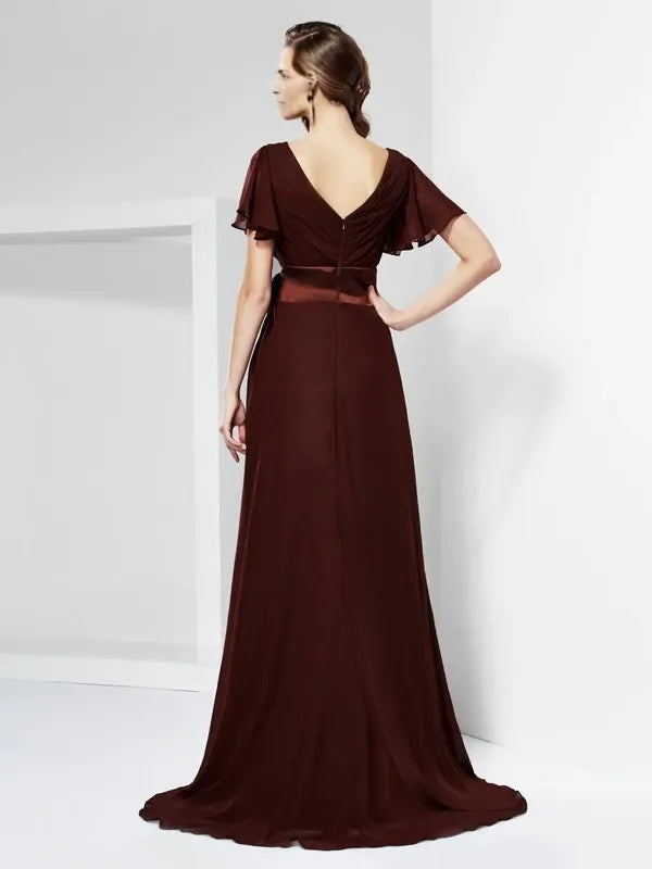 V-neck Short Sleeves Chiffon Sweep Train With Bowknot Mother of the Bride Dresses