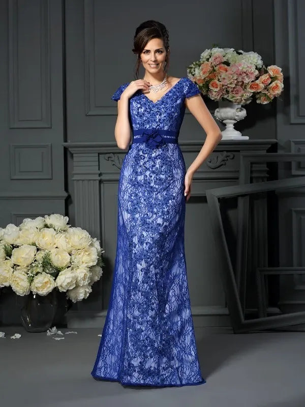 V-neck Short Sleeves Mermaid Satin Floor-Length With Beading Mother of the Bride Dresses