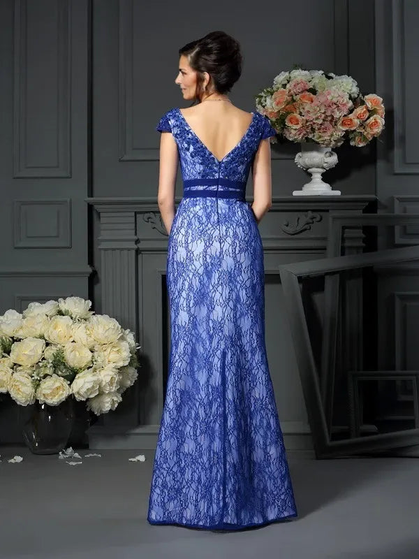 V-neck Short Sleeves Mermaid Satin Floor-Length With Beading Mother of the Bride Dresses