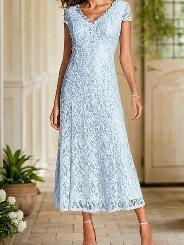 V-neck Short Sleeves Sheath Lace Applique Ankle-Length Mother of the Bride Dresses