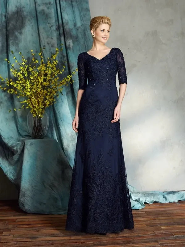 V-neck Short Sleeves Sheath Satin Floor-Length With Applique Mother of the Bride Dresses