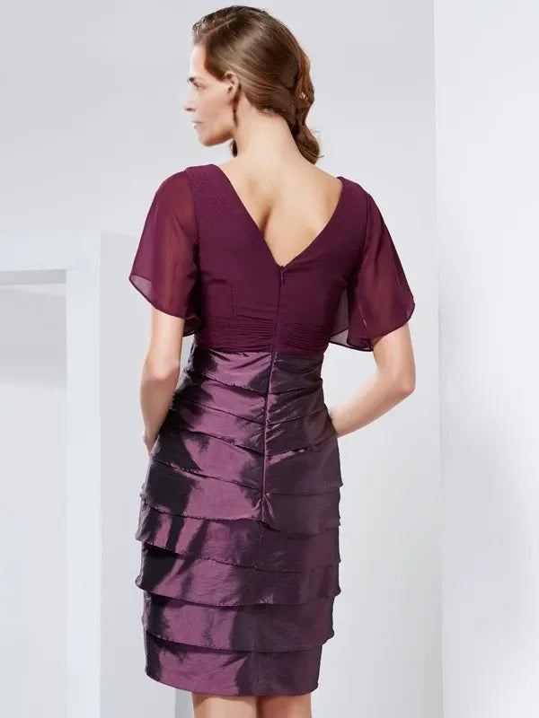 V-neck Short Sleeves Taffeta Knee-Length With Ruffles Mother of the Bride Dresses