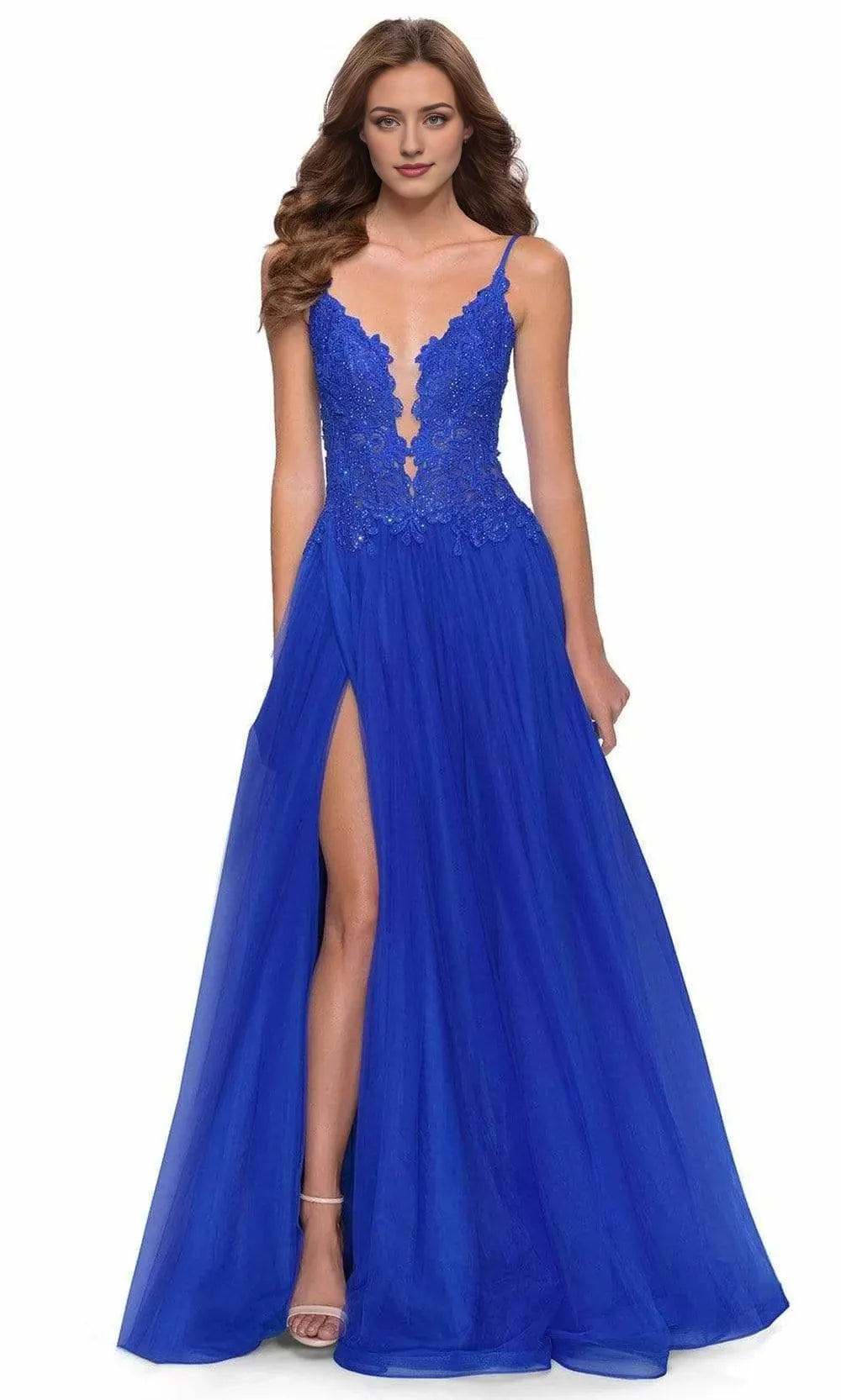 V-neck Sleeveless A-Line Blue Tulle Trendy Floor length Long Prom Dress Hot Sale For Ladies