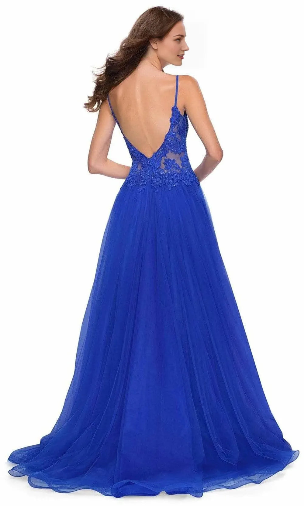 V-neck Sleeveless A-Line Blue Tulle Trendy Floor length Long Prom Dress Hot Sale For Ladies