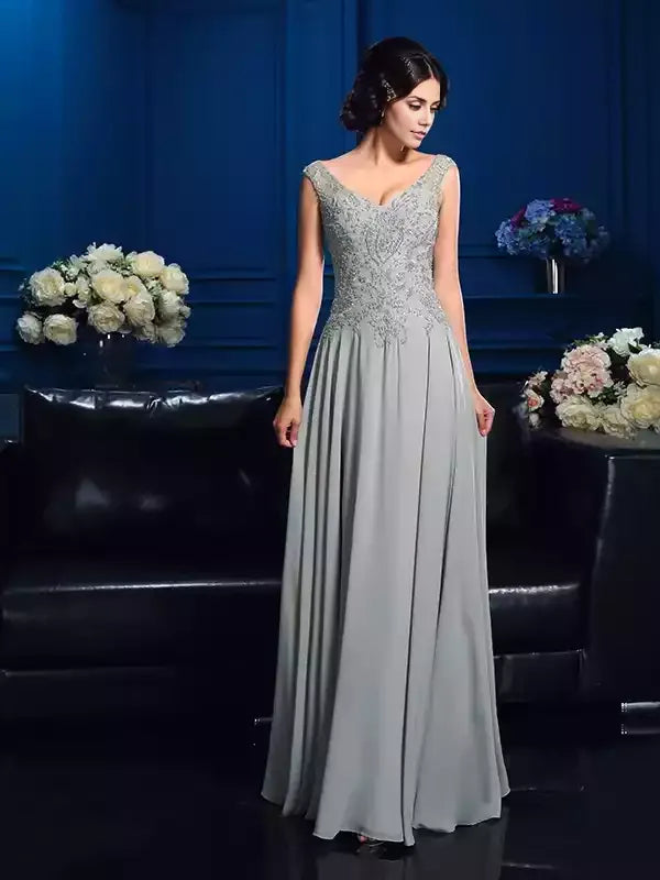 V-neck Sleeveless A-Line Chiffon Floor-Length With Beading Mother of the Bride Dresses