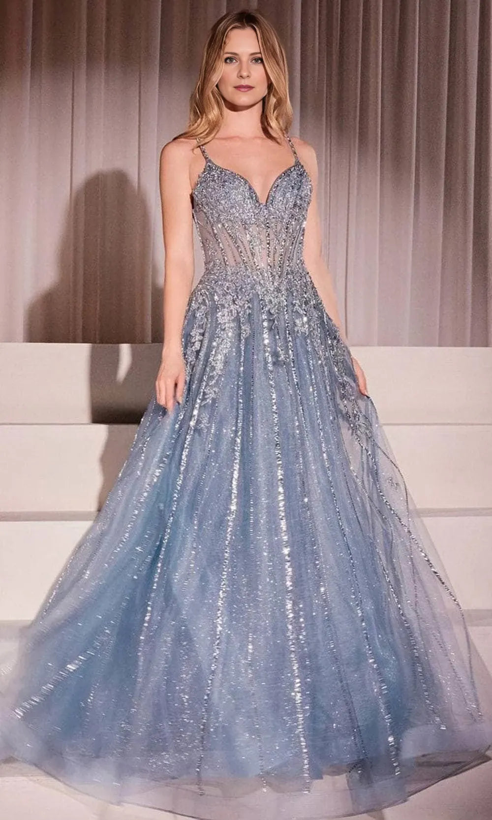 V-neck Sleeveless A-Line Crystalline Tulle Blue Floor length Prom Dress For Sale For Women