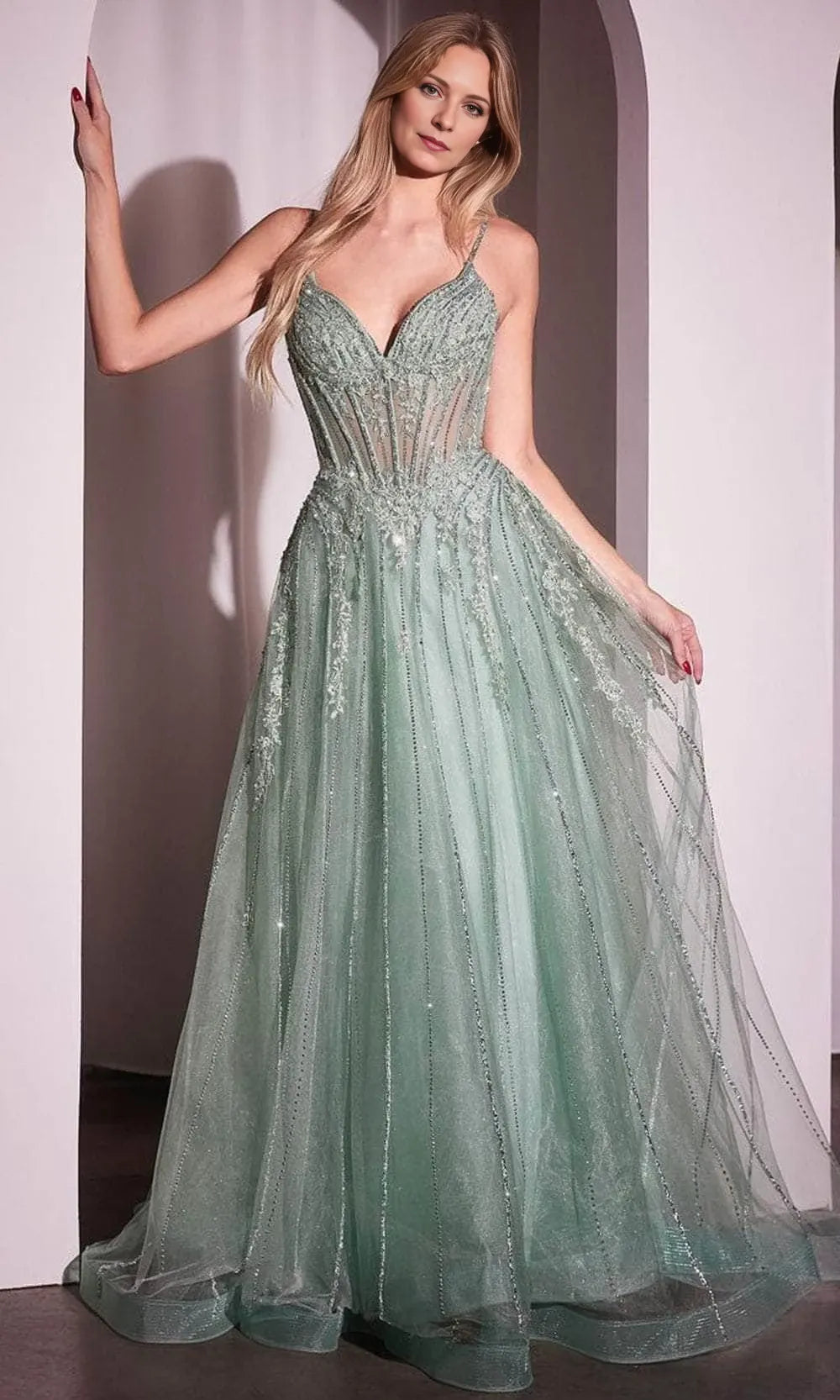 V-neck Sleeveless A-Line Crystalline Tulle Floor length Prom Dress For Sale For Women