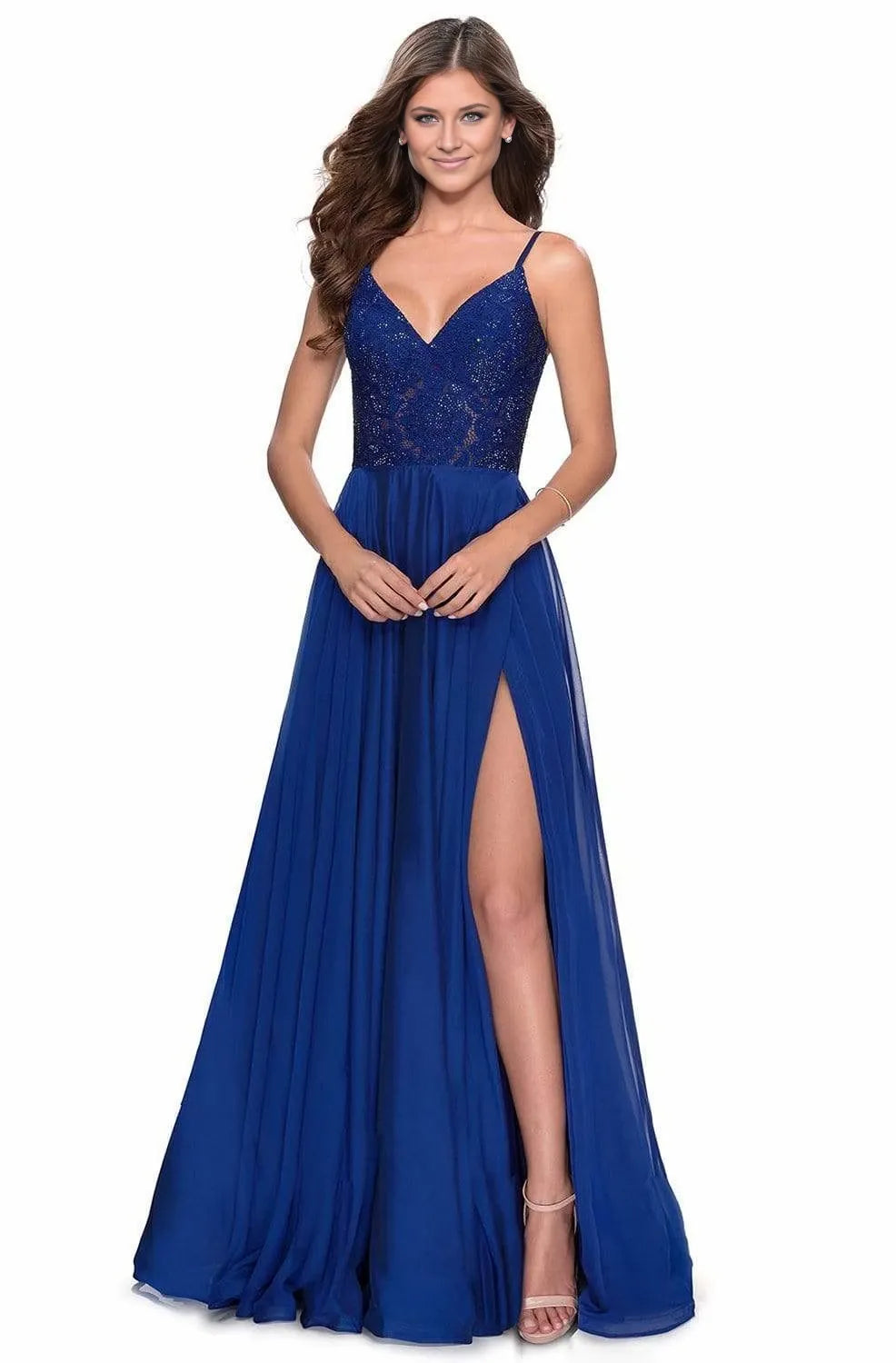 V-neck Sleeveless A-Line Lace Chiffon Floor length Long Prom Dress Hot Sale For Women