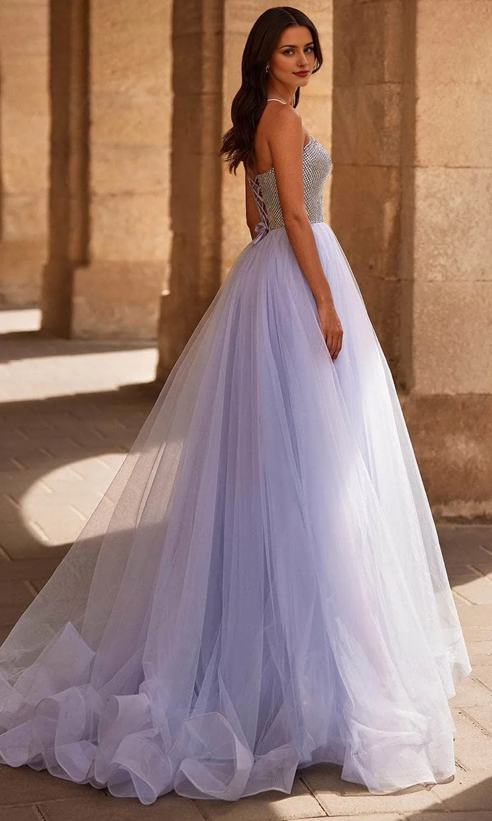 V-neck Sleeveless A-Line Tulle Elegant Floor length Long Prom Dress Hot Sale For Ladies
