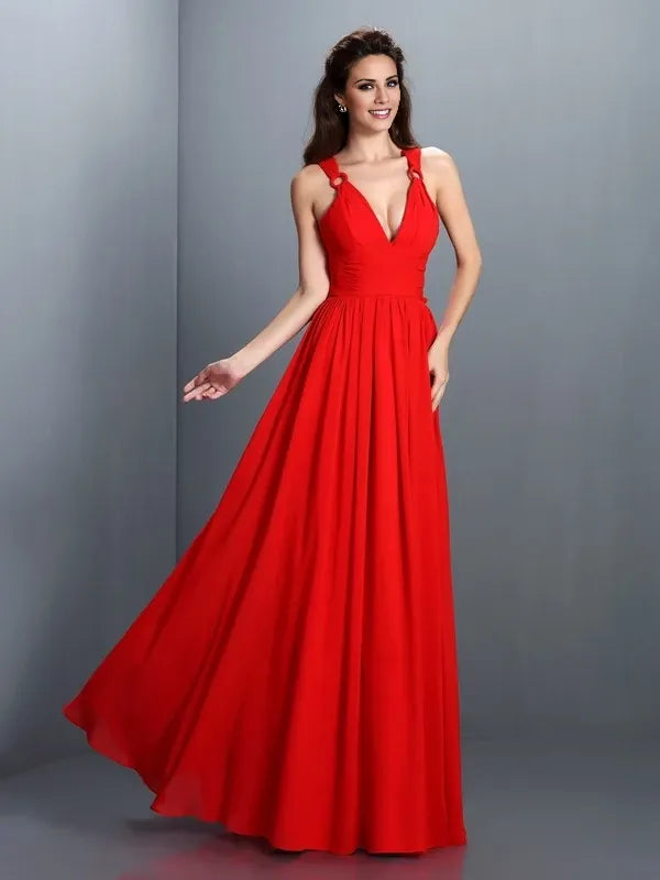 V-neck Sleeveless Chiffon Floor-Length With Pleats Evening Dress