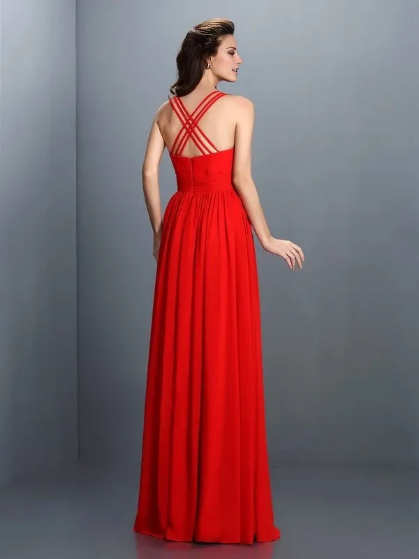 V-neck Sleeveless Chiffon Floor-Length With Pleats Evening Dress
