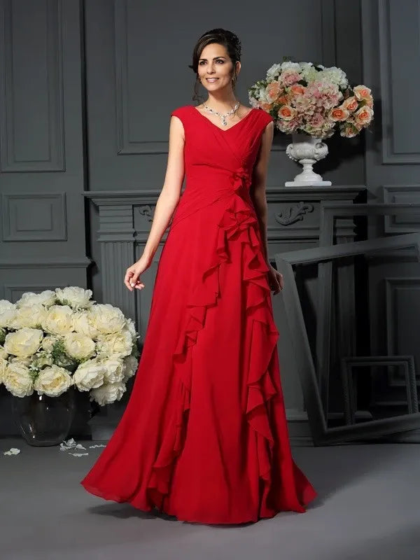 V-neck Sleeveless Floor Length Chiffon With Hand-Made Flower Mother of the Bride Dresses