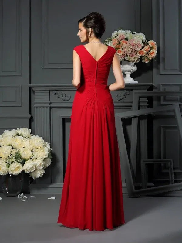 V-neck Sleeveless Floor Length Chiffon With Hand-Made Flower Mother of the Bride Dresses