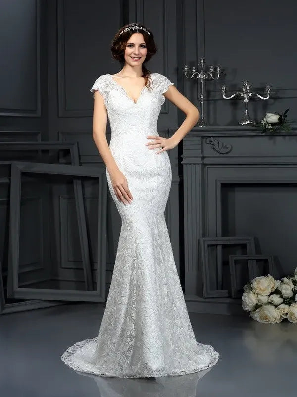 V-neck Sleeveless Mermaid Lace Court Train With Lace Wedding Dresses