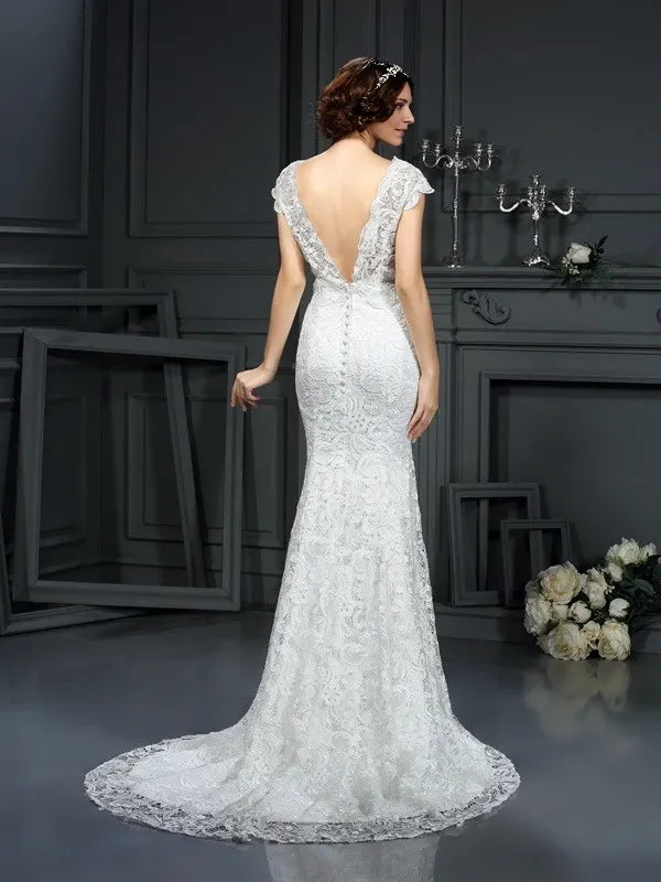 V-neck Sleeveless Mermaid Lace Court Train With Lace Wedding Dresses