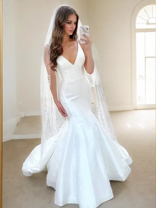 V-neck Sleeveless Mermaid Satin Ruffles Sweep Train Wedding Dresses