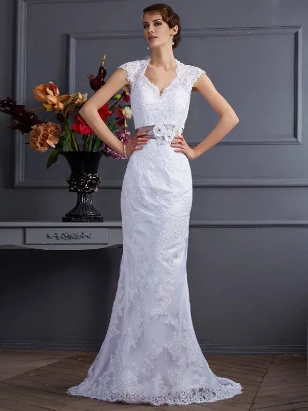 V-neck Sleeveless Mermaid Satin Sweep Train With Applique Wedding Dresses